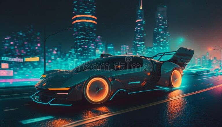 auto futurista en un paisaje urbano