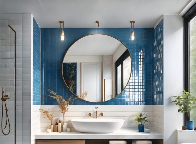 bano elegante con decoracion azul y blanco