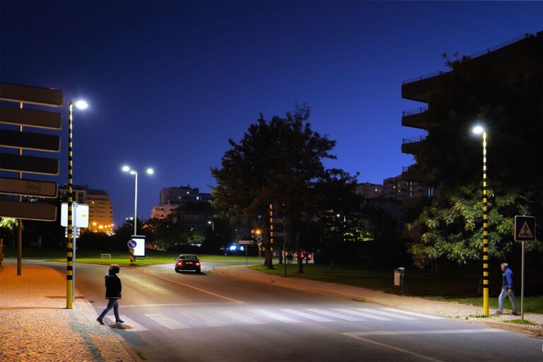 cruce peatonal iluminado en una ciudad