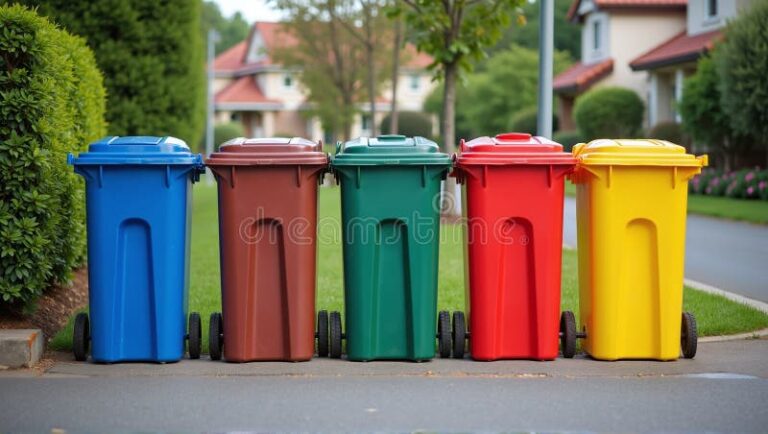 diversos basureros coloridos en un entorno urbano