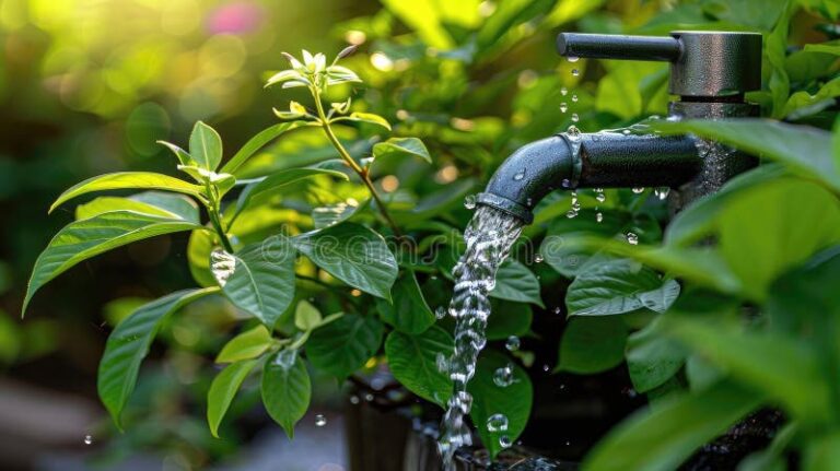 grifo goteando sobre una planta verde