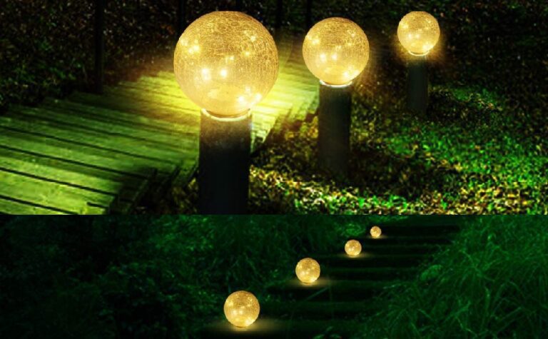 lampara solar iluminando jardin nocturno