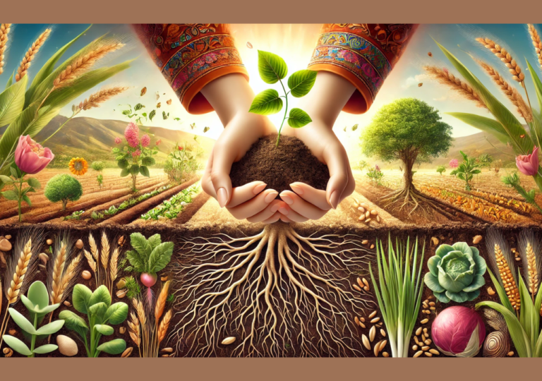 manos cuidando una planta y un fosil