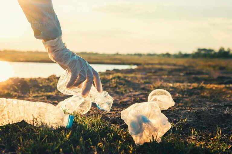 manos recogiendo basura en un parque