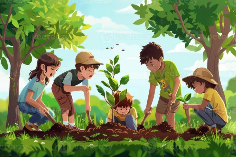 ninos plantando arboles en un parque 1