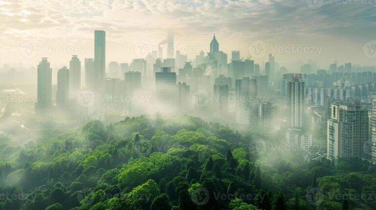 paisaje urbano con smog y arboles verdes