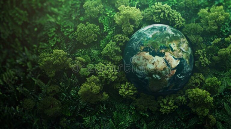 planeta tierra rodeado de naturaleza vibrante