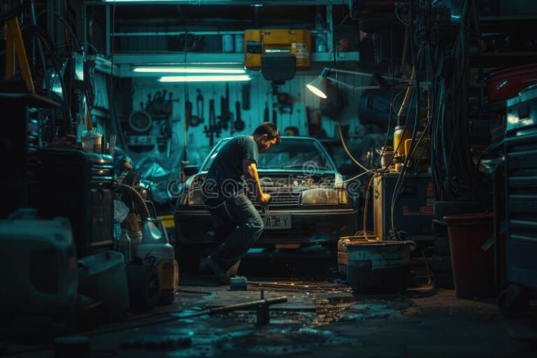 taller mecanico iluminado en la noche